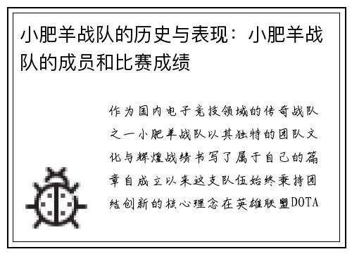 小肥羊战队的历史与表现：小肥羊战队的成员和比赛成绩