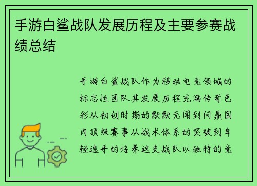 手游白鲨战队发展历程及主要参赛战绩总结